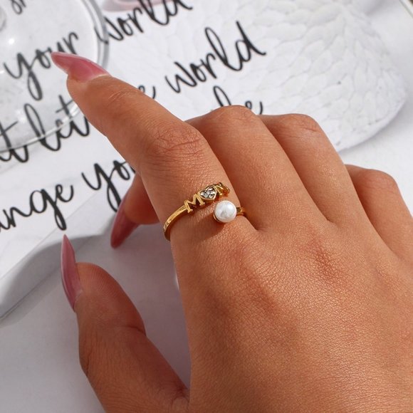 Mom Adjustable Pearl Zircon Heart Stackable Ring 18K Gold Plated Stainless Steel - Picture 5 of 11